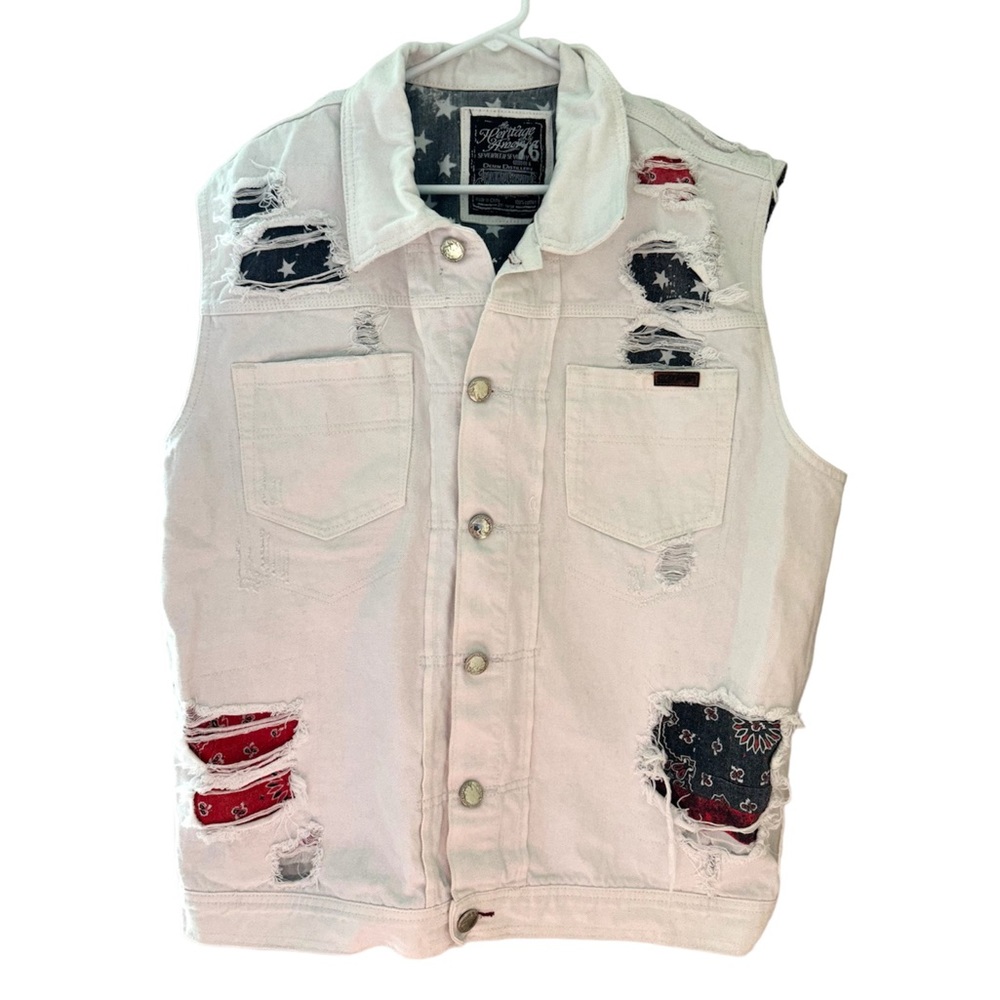 The Heritage by America USA Patched Denim Jean Distressed Cutoff Jacket